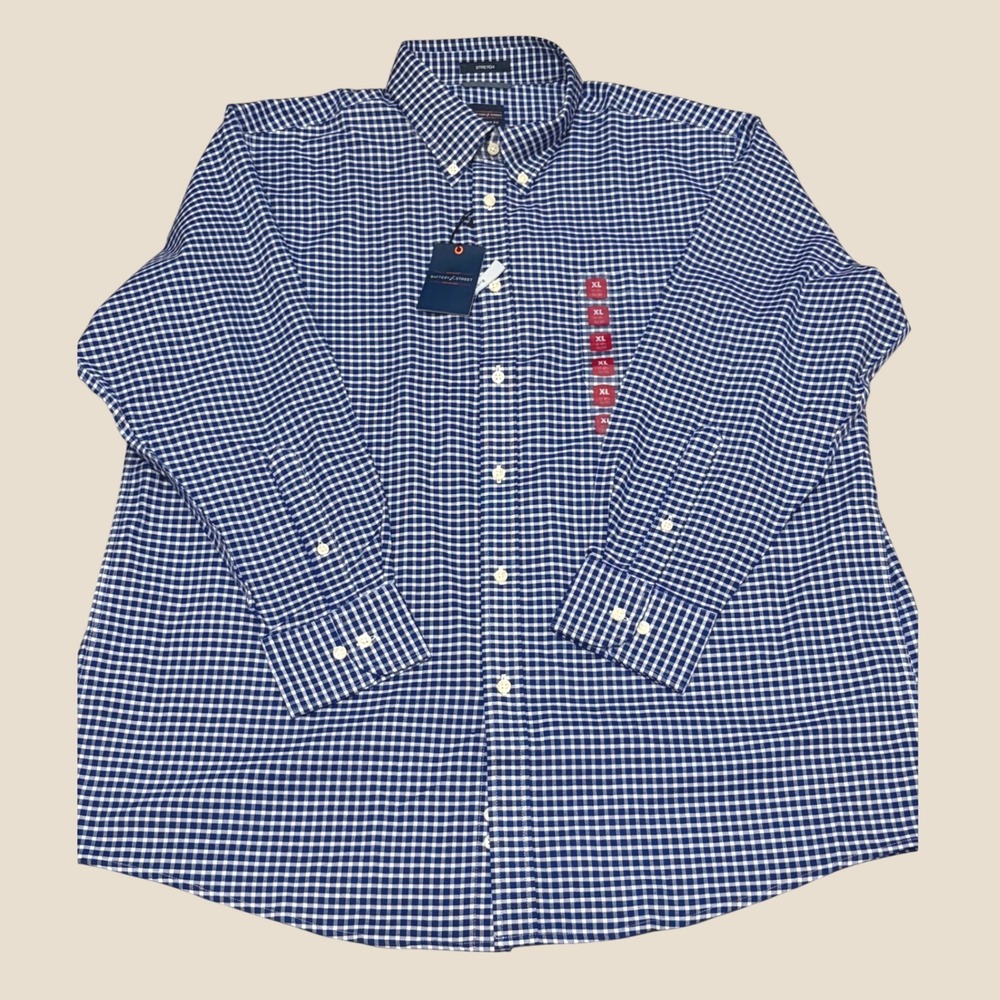 Dockers Battery Street Mens XL Navy White Gingham Stretch Classic Fit Shirt NWT
